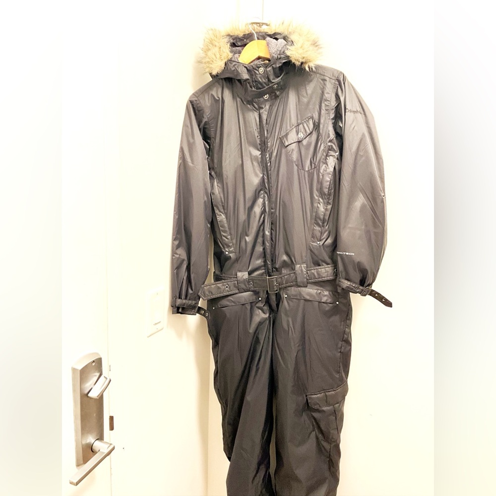 COLUMBIA One Piece Ski Suit with Removable Faux Fur Hood Trim Black Size Small